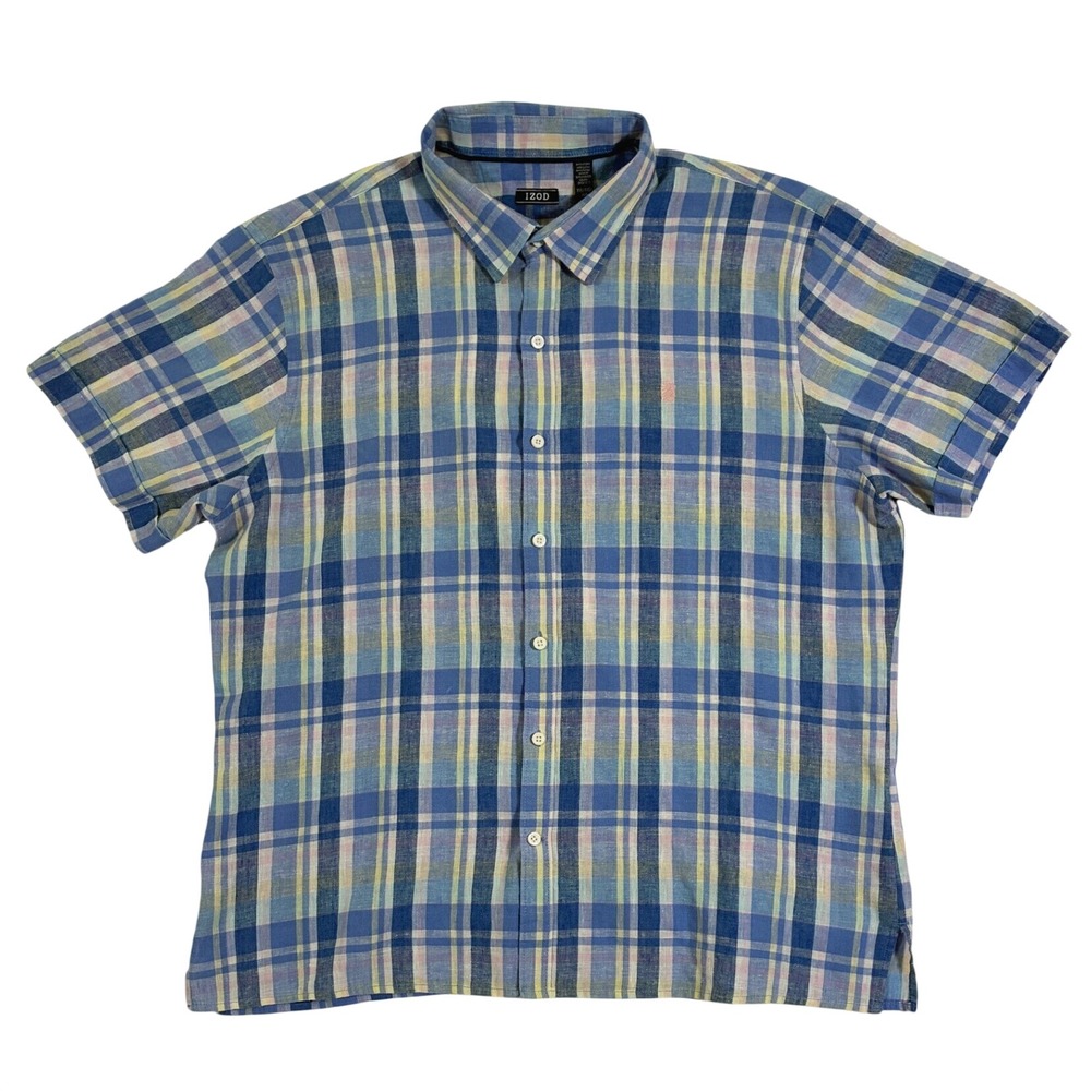 IZOD Mens XXL Blue Yellow Pink Plaid Short Sleeve Button Down Shirt